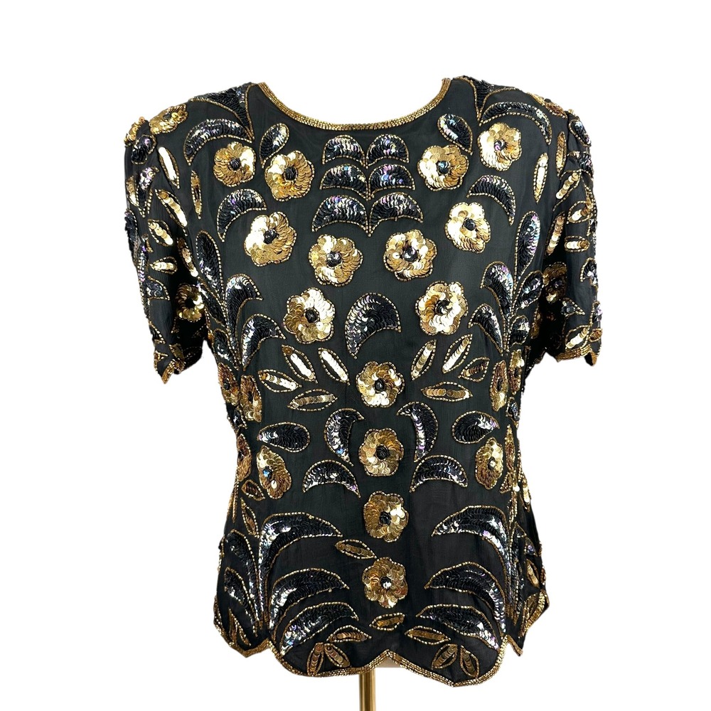 Stenay VTG Silk Beaded Sequin Floral Top Black Gold Cap Sleeve SZ Large Bling
